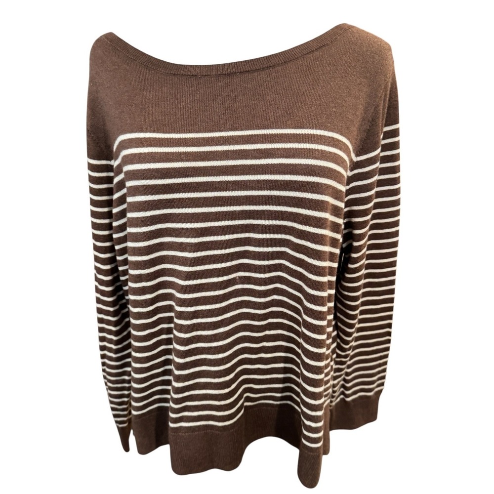 GAP Womens Brown White Striped Boatneck‎ Sweater Long Sleeve Cotton Blend L NEW